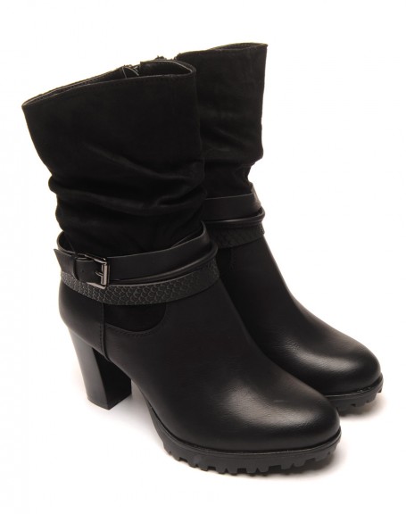 Black ankle boots with bi-material double strap heels