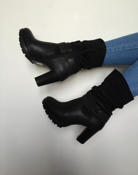 Black ankle boots with bi-material double strap heels