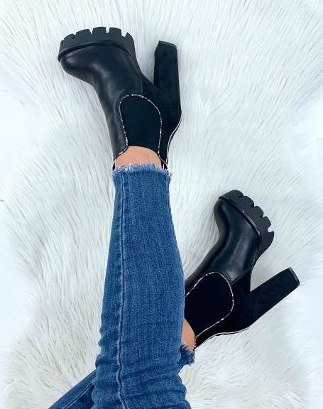 Black ankle boots with bi-material heel with python details