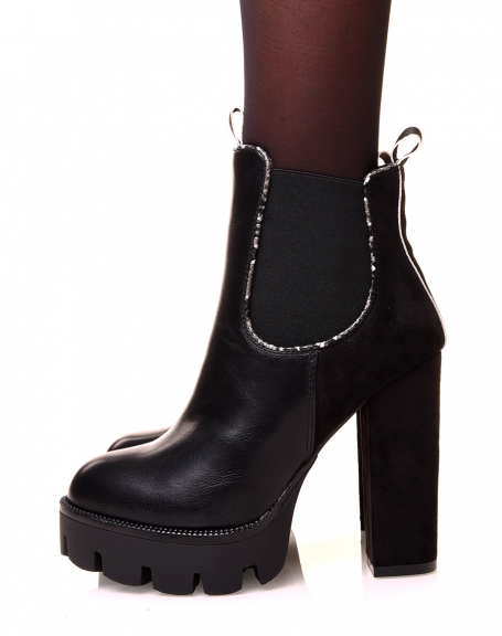 Black ankle boots with bi-material heel with python details