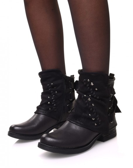Black ankle boots with bi-material panels and bow