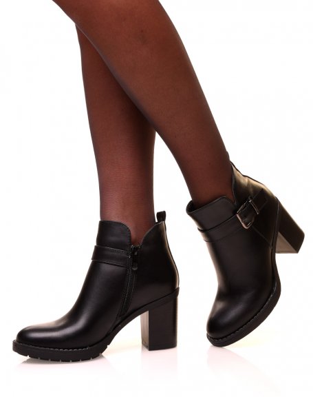 Black ankle boots with block heels and strap