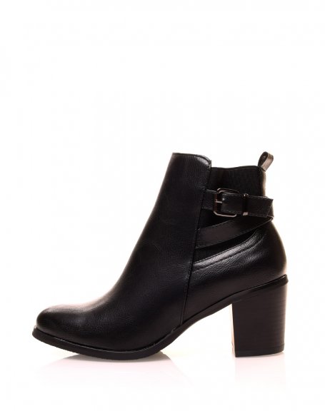 Black ankle boots with block heels and strap