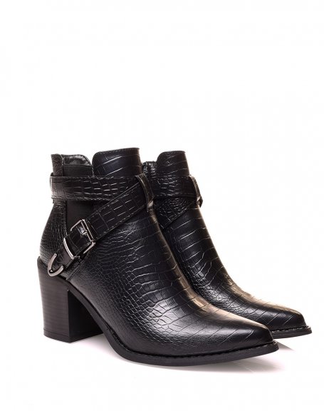Black ankle boots with croc-effect heels