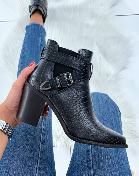 Black ankle boots with croc-effect heels