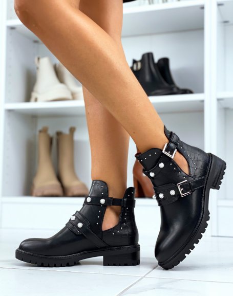 Black ankle boots with croc-effect panel and beaded straps