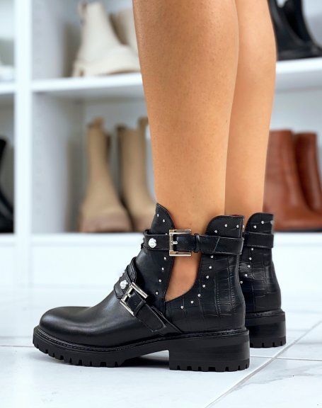 Black ankle boots with croc-effect panel and beaded straps
