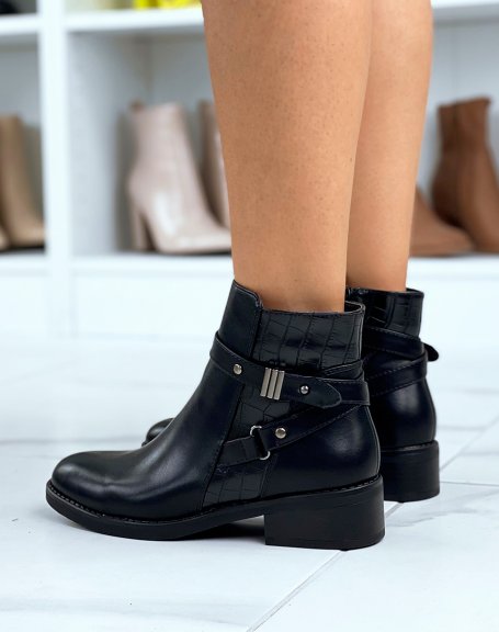 Black ankle boots with croc-effect straps