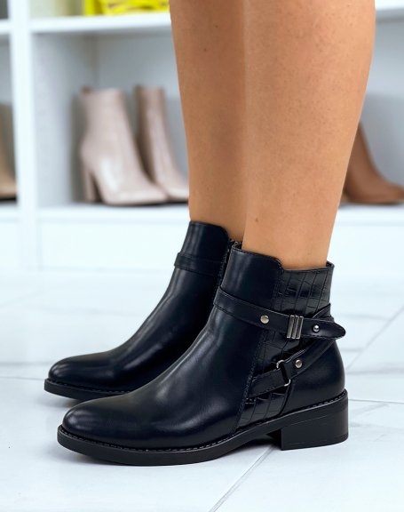Black ankle boots with croc-effect straps