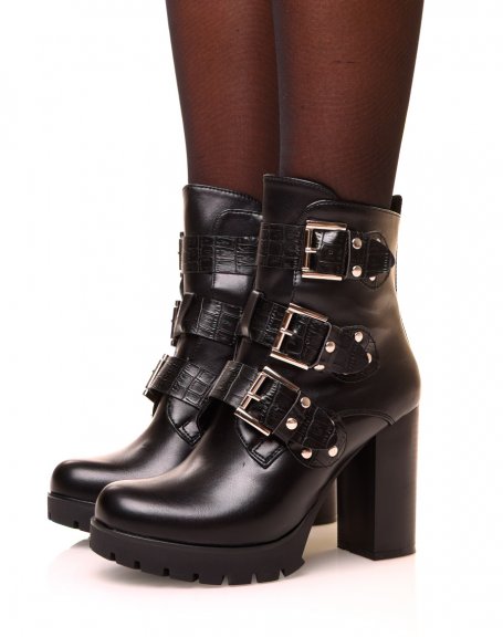 Black ankle boots with crocodile straps