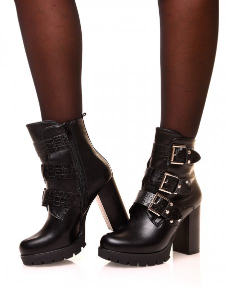 Black ankle boots with crocodile straps