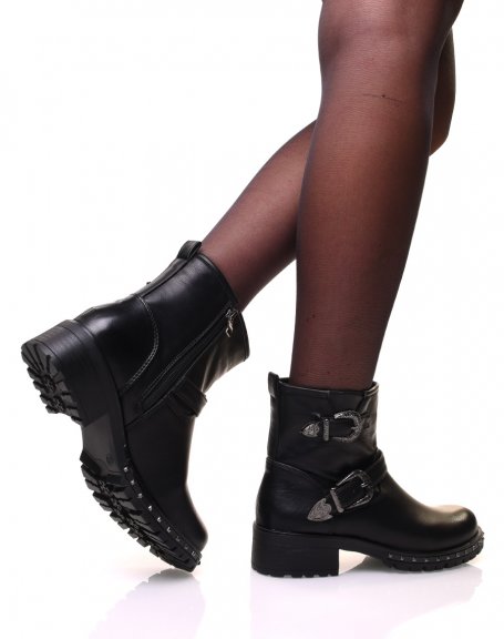Black ankle boots with decorated buckles
