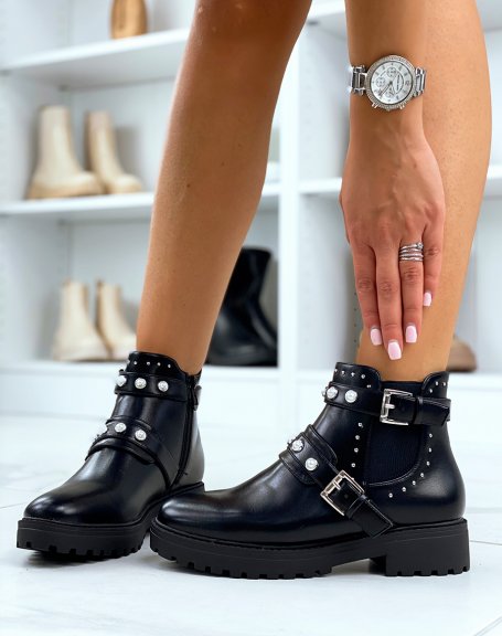 Black ankle boots with double openwork straps with pearls and studs