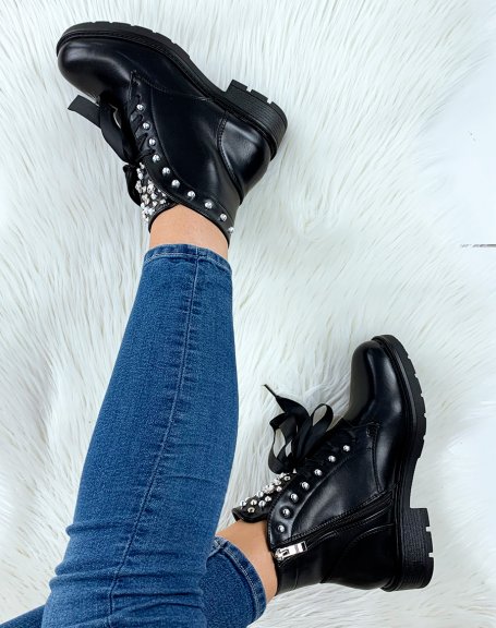 Black ankle boots with fabric laces and studs