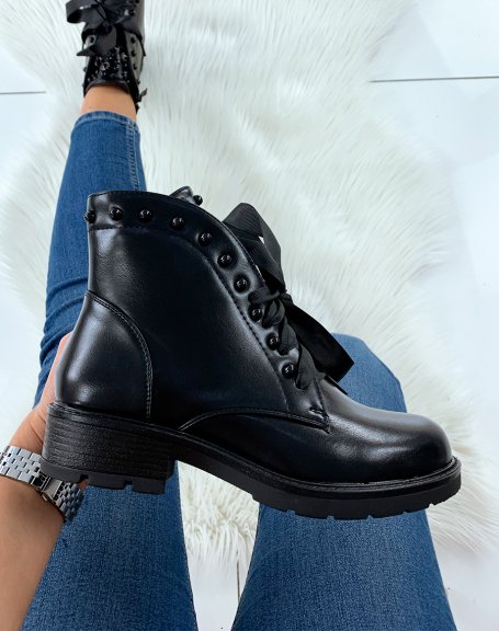 Black ankle boots with fabric laces and studs