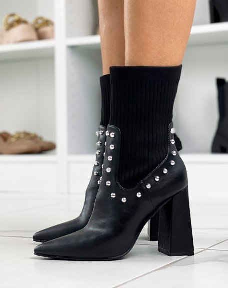 Black ankle boots with heel and pointed toe sock effect