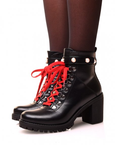 Black ankle boots with heel and red lace