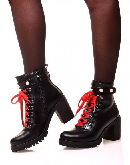 Black ankle boots with heel and red lace