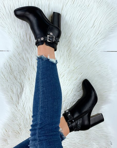 Black ankle boots with heel and thin crocodile strap