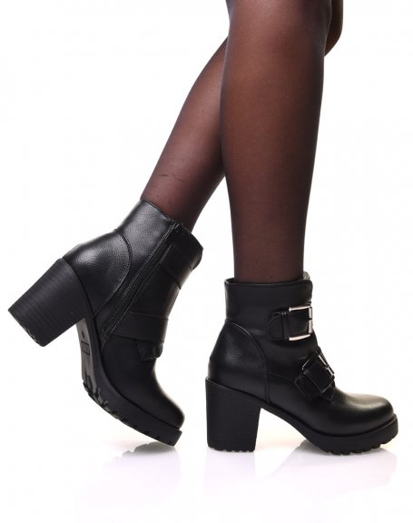 Black ankle boots with heels and straps