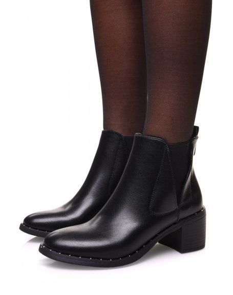 Black ankle boots with high cut elastic and mid heel