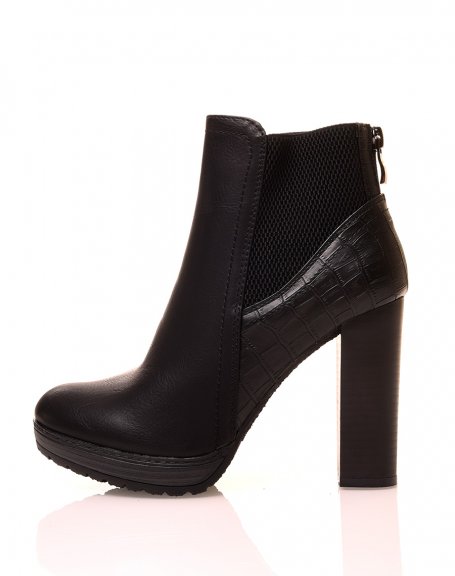 Black ankle boots with high heels and croc effect