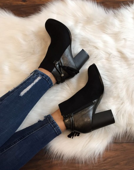 Black ankle boots with iridescent mid-heel straps