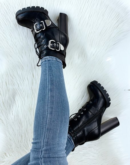 Black ankle boots with lace up straps