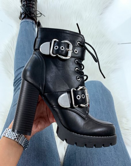 Black ankle boots with lace up straps