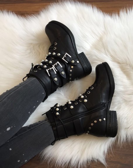 Black ankle boots with laces and beaded straps