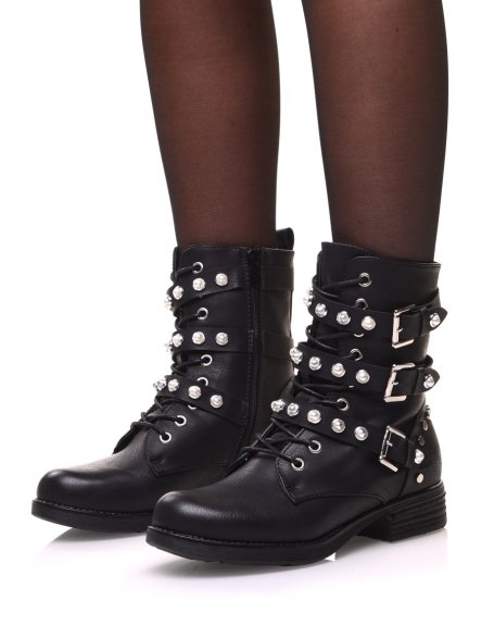 Black ankle boots with laces and beaded straps