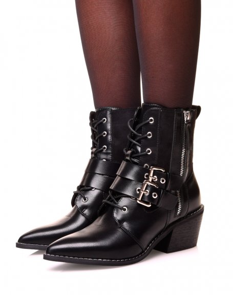 Black ankle boots with laces and bi-material beveled heels