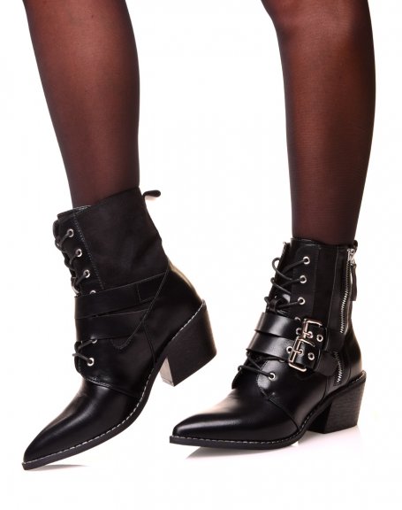 Black ankle boots with laces and bi-material beveled heels