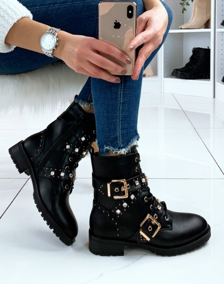 Black ankle boots with laces and gold details