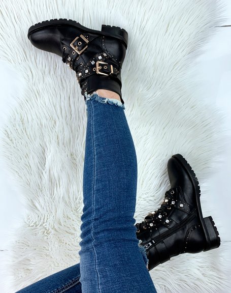 Black ankle boots with laces and gold details