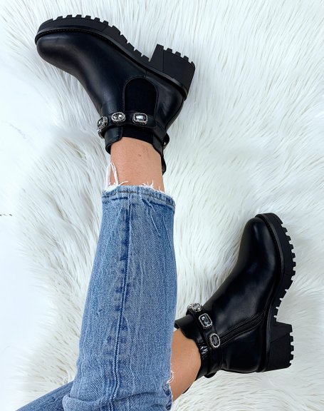 Black ankle boots with large jewels straps