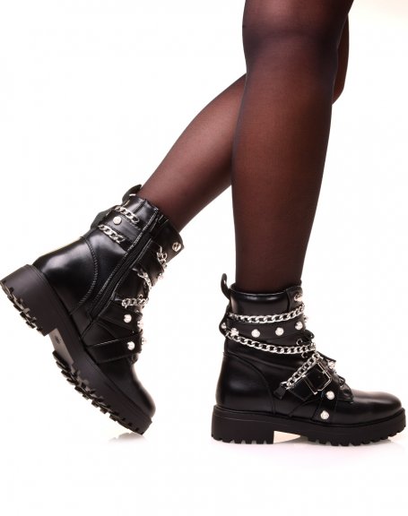 Black ankle boots with multiple beaded straps and chains
