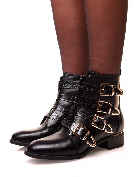Black ankle boots with multiple croc-effect straps