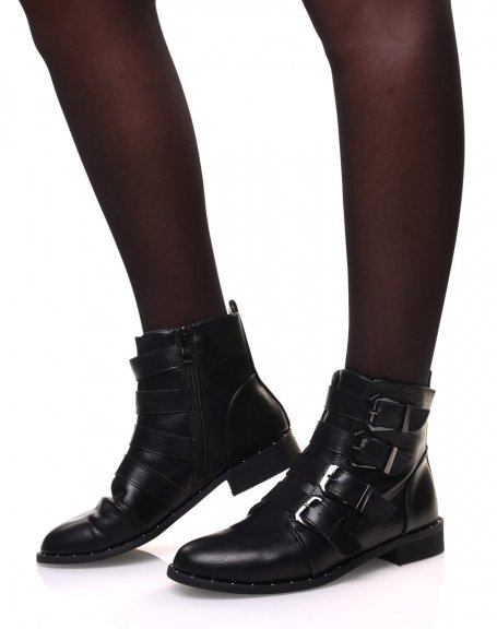 Black ankle boots with multiple straps and small studs