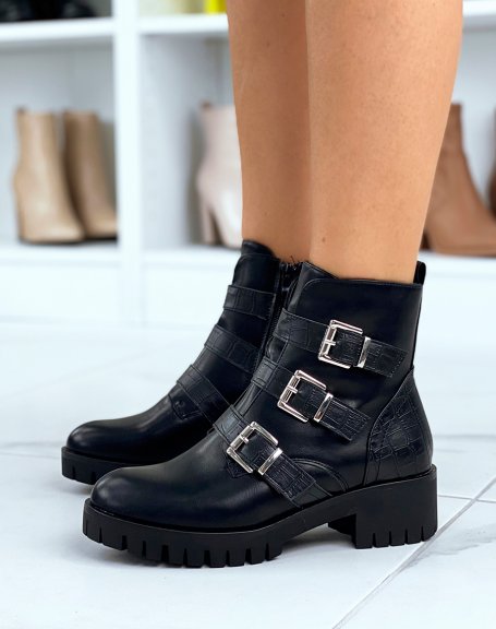 Black ankle boots with multiple straps in croc effect