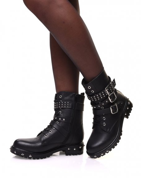 Black ankle boots with multiple straps & studded details