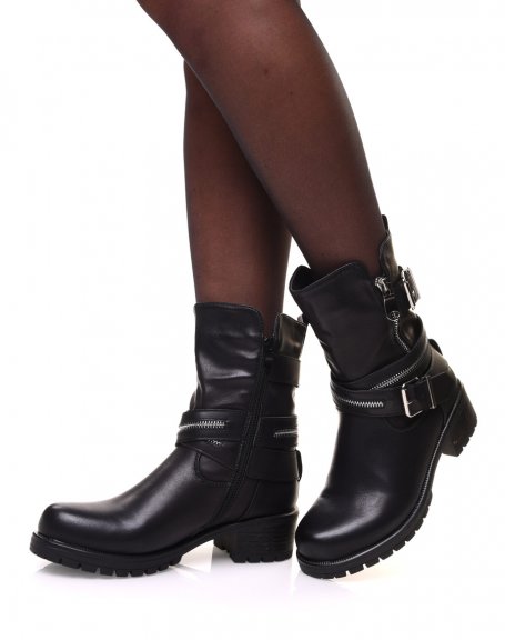 Black ankle boots with multiple straps & zipped details