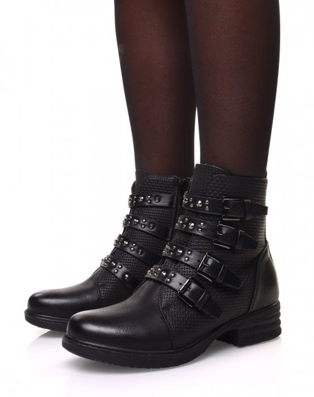 Black ankle boots with multiple studded straps