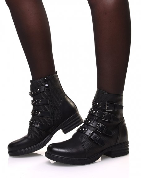 Black ankle boots with multiple studded straps