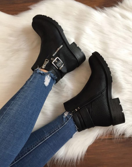 Black ankle boots with notched croc-effect soles