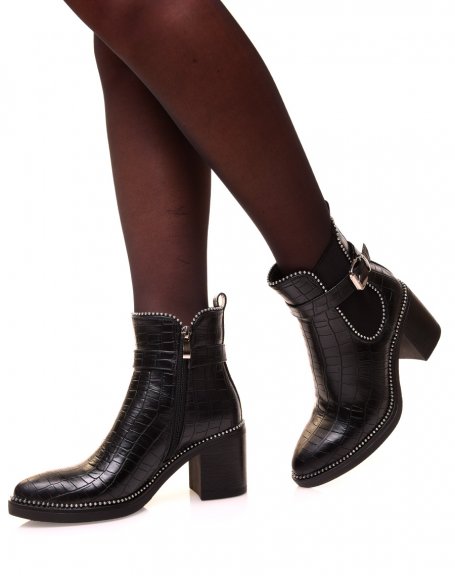 Black ankle boots with openwork croc-effect studs