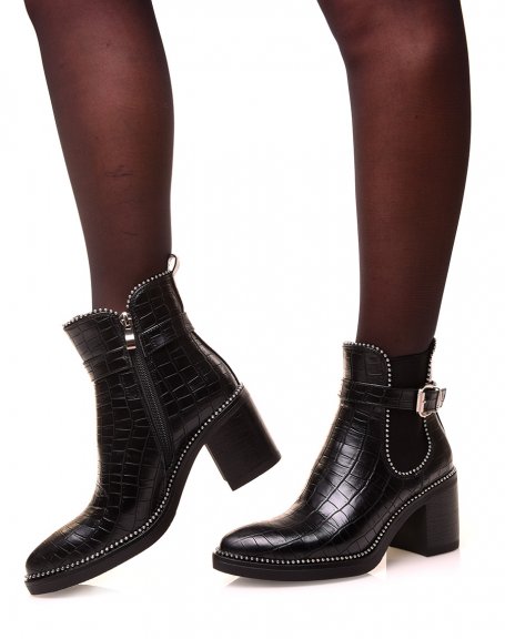 Black ankle boots with openwork croc-effect studs