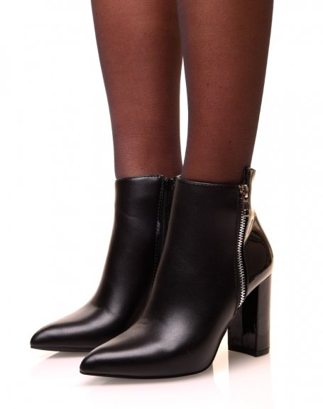 Black ankle boots with patent-effect bi-material heels