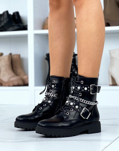 Black ankle boots with pearls, studs and silver chain