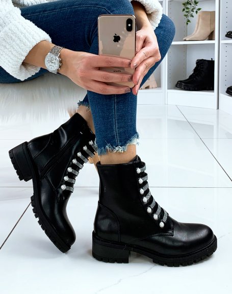 Black ankle boots with rhinestone laces